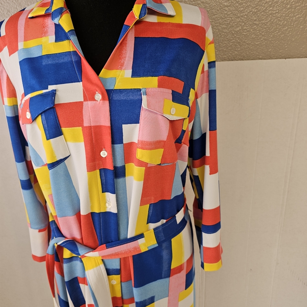 J McLaughlin Brynn Tile Print 3/4 Sleeve Vneck Dress Sz XL Colorful Easter Boho - Picture 2 of 7